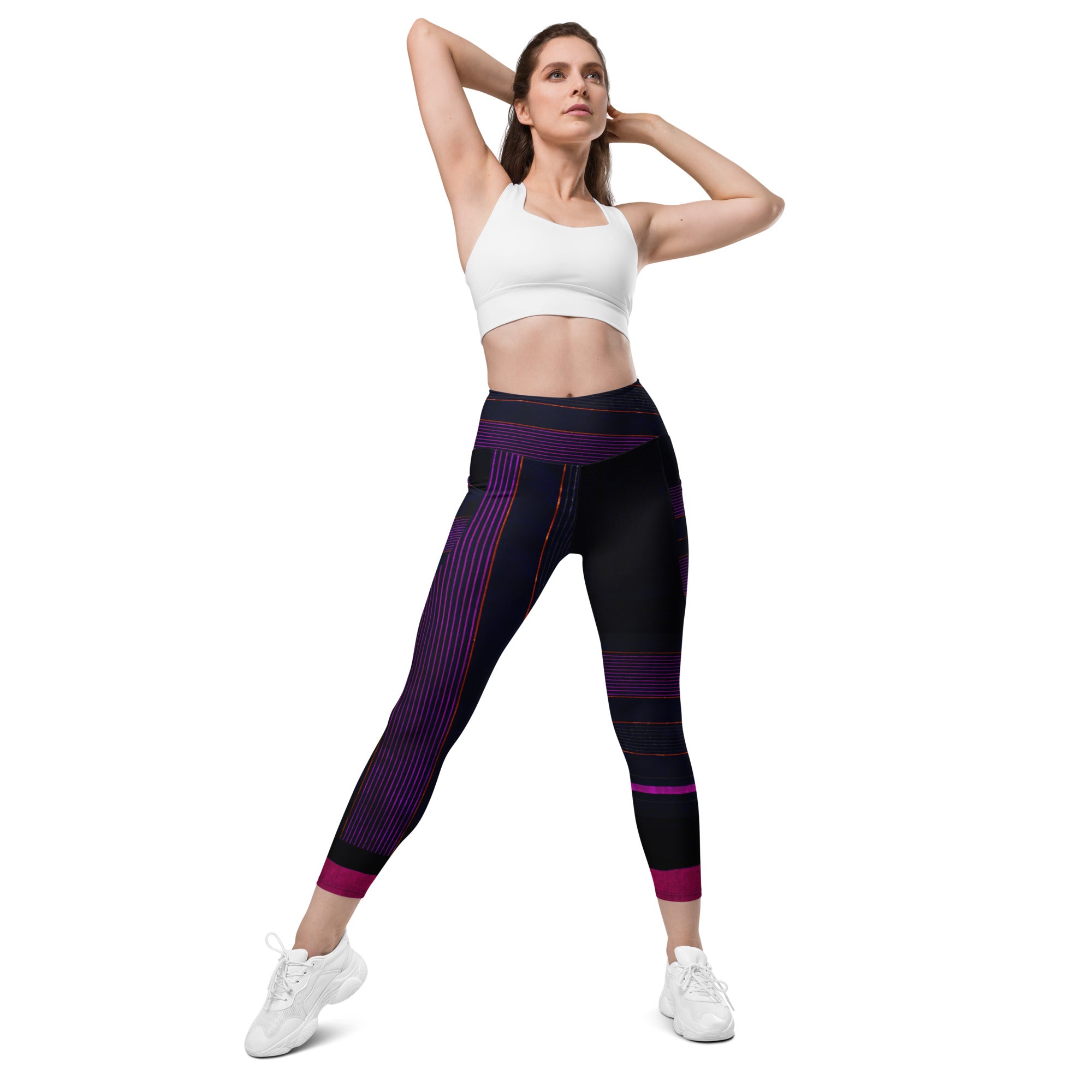 Black Gym Leggings with Pockets. Purple Pin Stripes Dance Leggings. Crossover Waist Yoga Pants. "Peppermint" by WickedYo.